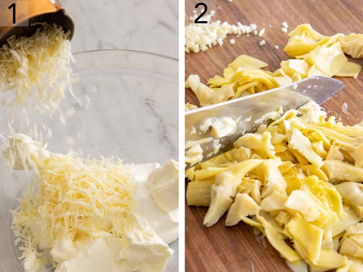 Set of two photos showing cheeses combined and artichoke chopped.