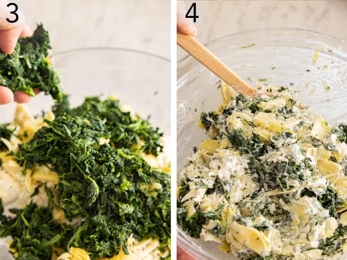 Set of two photos showing spinach added to the bowl and mixed together.