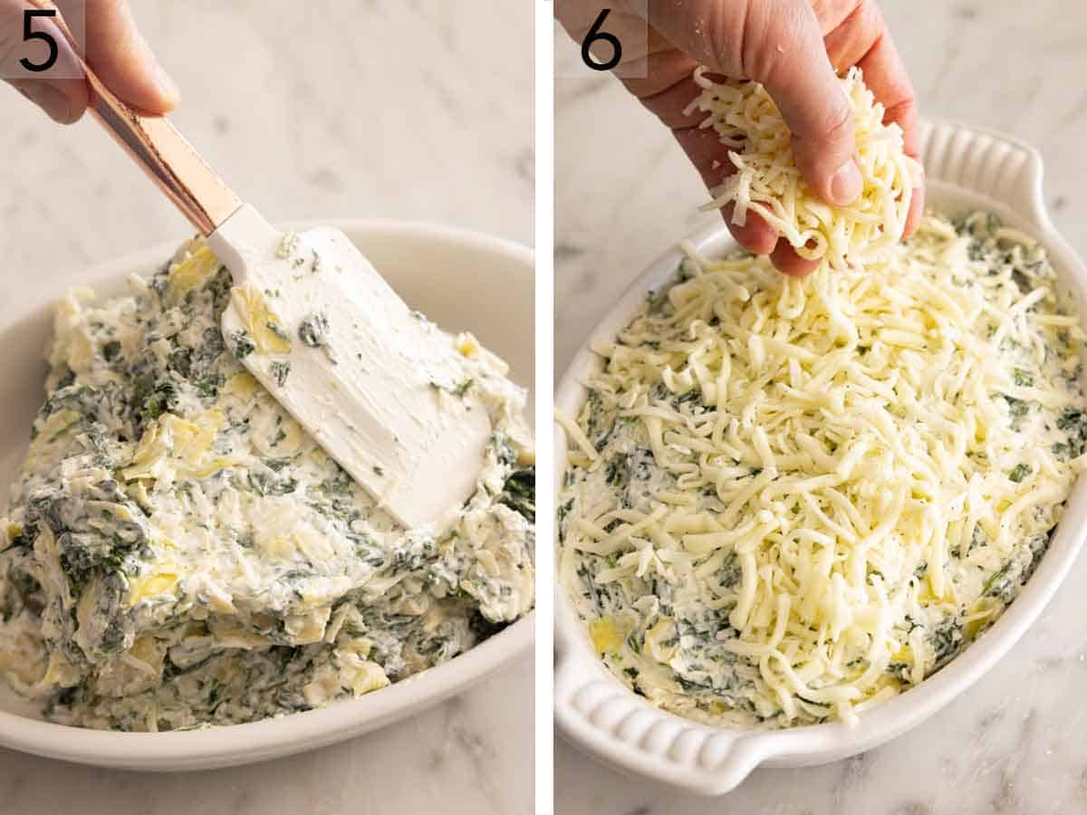 Set of two photos showing the mixture added to a baking dish and topped with shredded cheese.