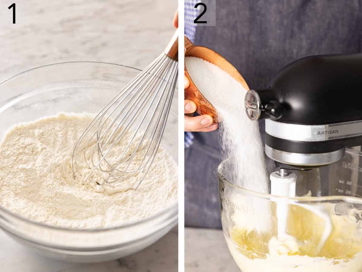 Set of two photos showing the dry ingredients whisked together and sugar added to the mixer.