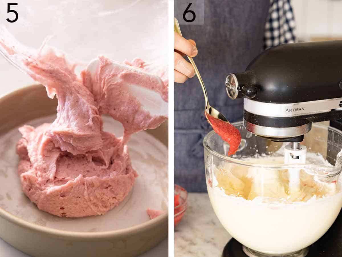 Set of two photos showing batter added to a cake pan and strawberry puree added to mixer of frosting.