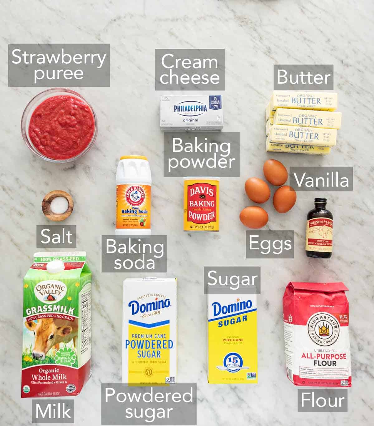 Ingredients needed to make strawberry cake.