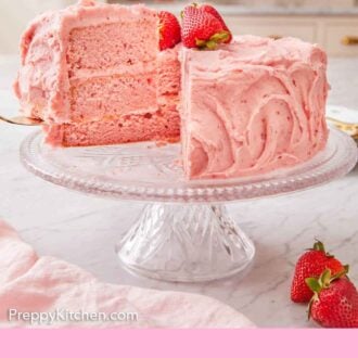 Pinterest graphic of a slice of strawberry cake being lifted from cake on a cake stand.
