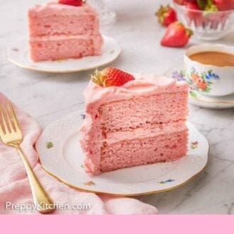 Pinterest graphic of a slice of cake on a plate with another slice, a cup of coffee, and strawberries in the background.
