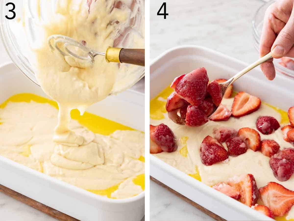 Set of two photos showing batter and strawberries added to a baking dish.