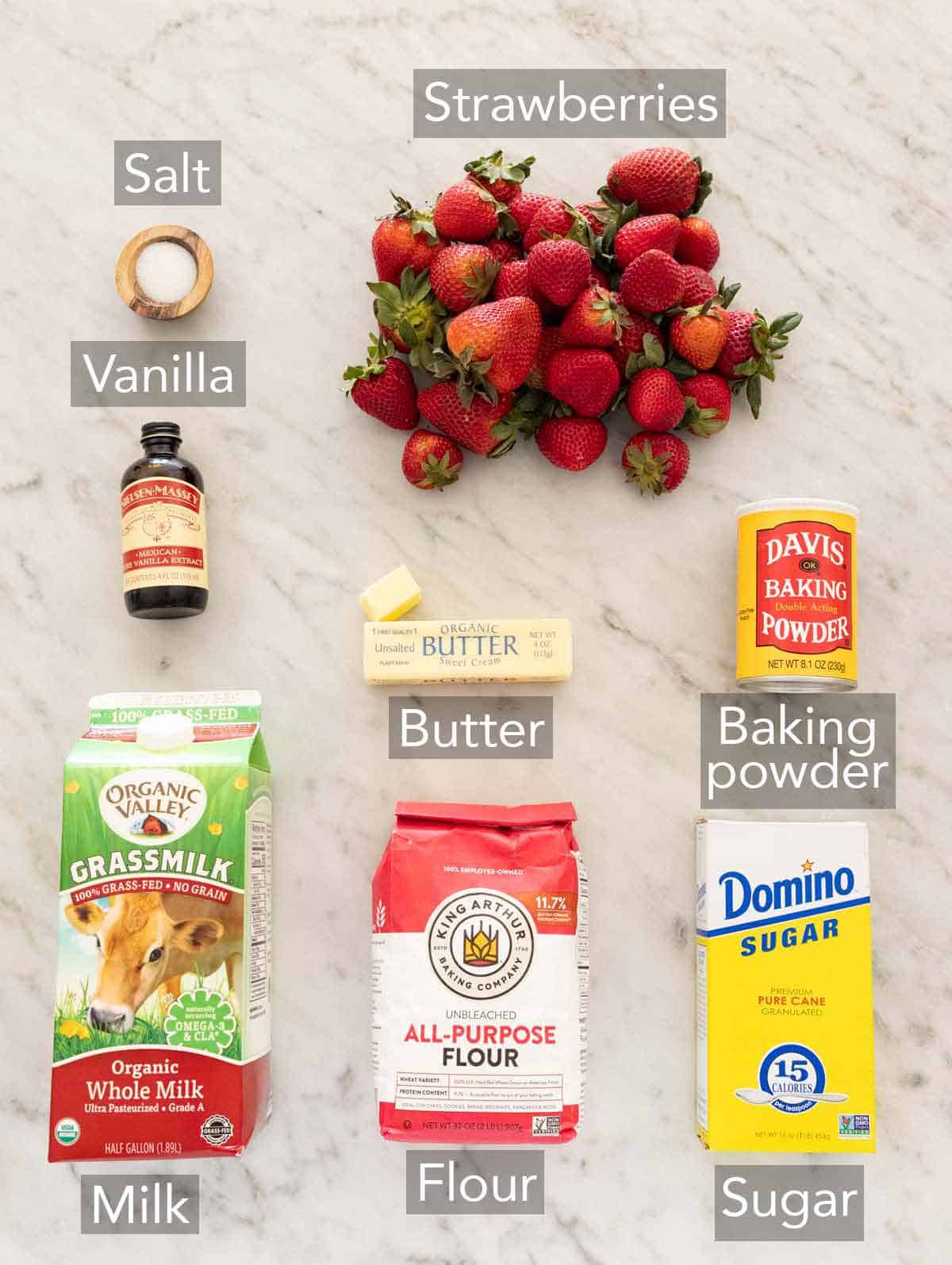 Ingredients needed to make strawberry cobbler.