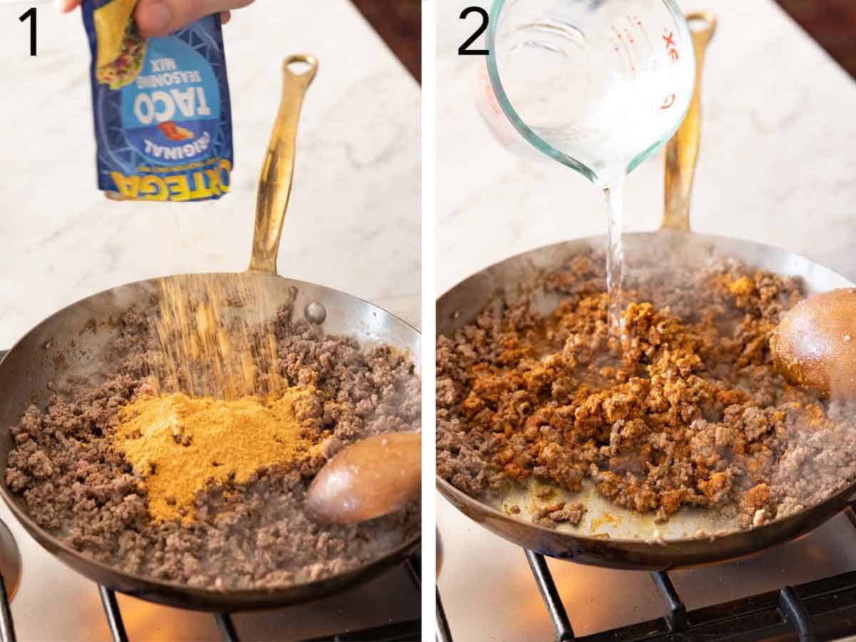 Set of two photos showing taco seasoning and water added to ground beef.