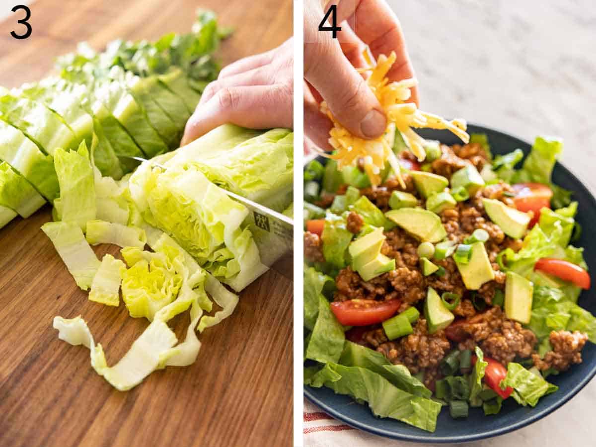 Set of two photos showing romaine lettuce sliced and cheese added to the bowl with taco salad.
