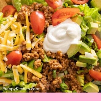 Pinterest graphic of a close up view of taco salad.