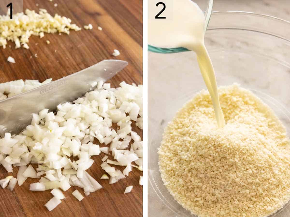 Set of two photos showing onions chopped and milk added to breadcrumbs.