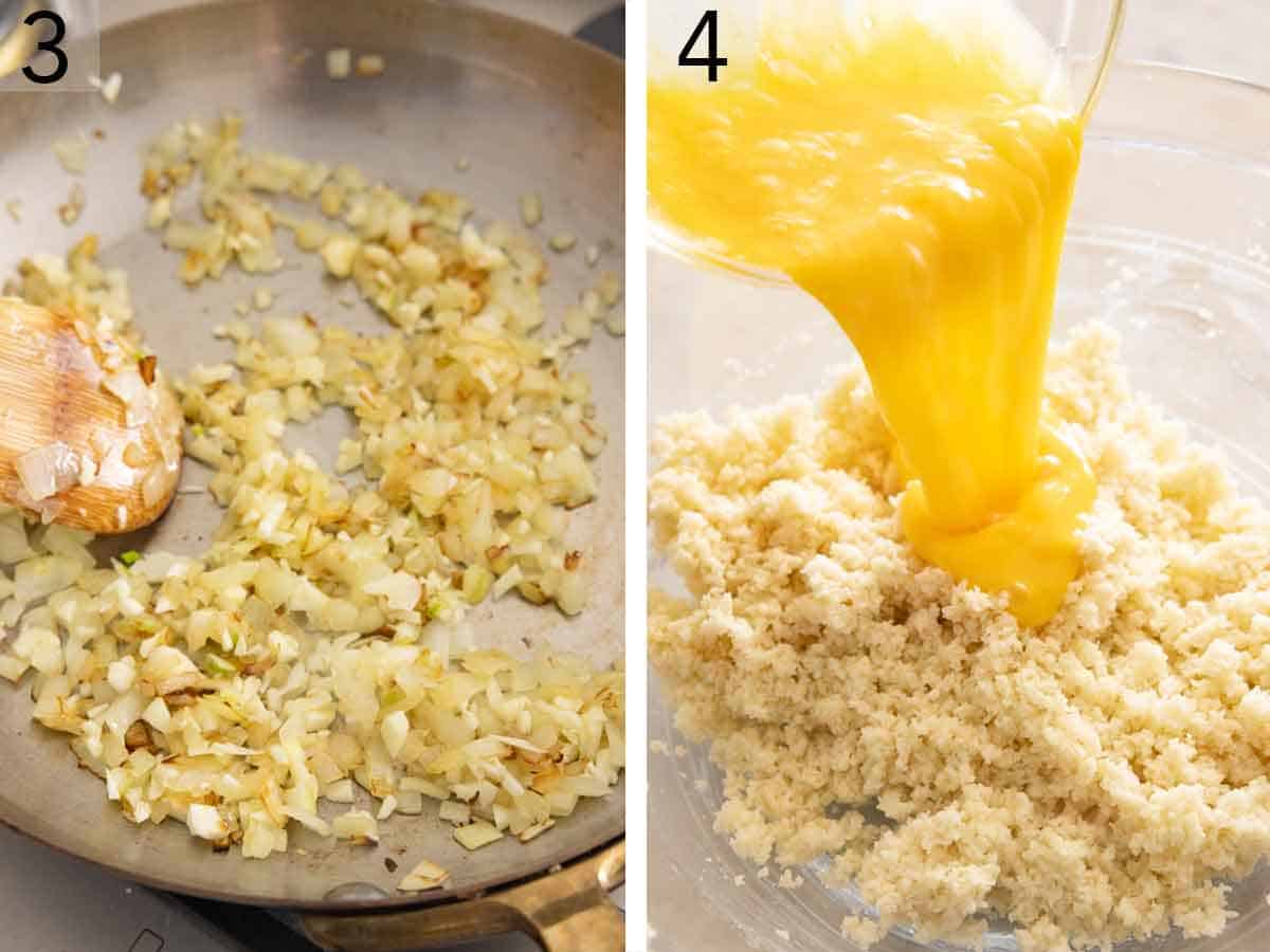 Set of two photos showing onions cooked and eggs added to breadcrumbs.