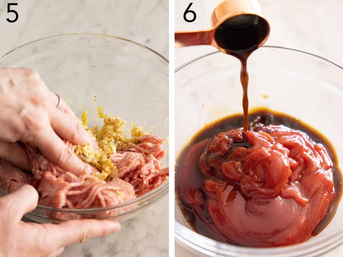 Set of two photos showing meat mixed in a bowl and sauce ingredients combined in a bowl.