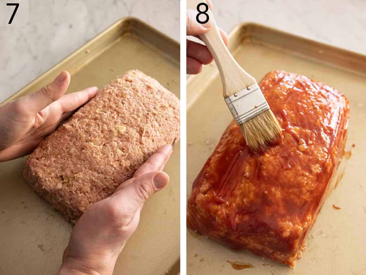 Set of two photos showing the meat shaped on a sheet pan and brushed with the sauce.