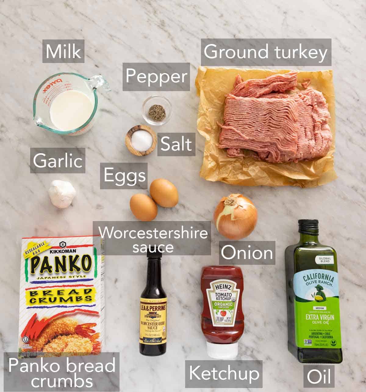 Ingredients needed to make turkey meatloaf.
