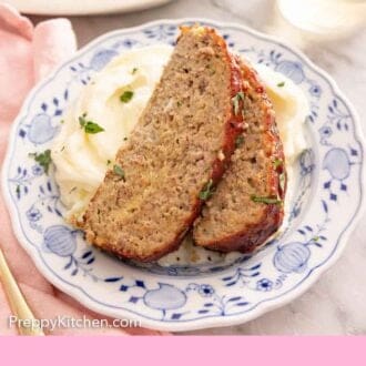 Pinterest graphic of two slices of turkey meatloaf on top of a plate of mashed potatoes.