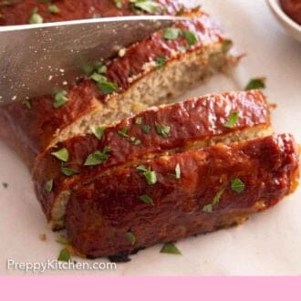 Pinterest graphic of a turkey meatloaf being cut into slices.