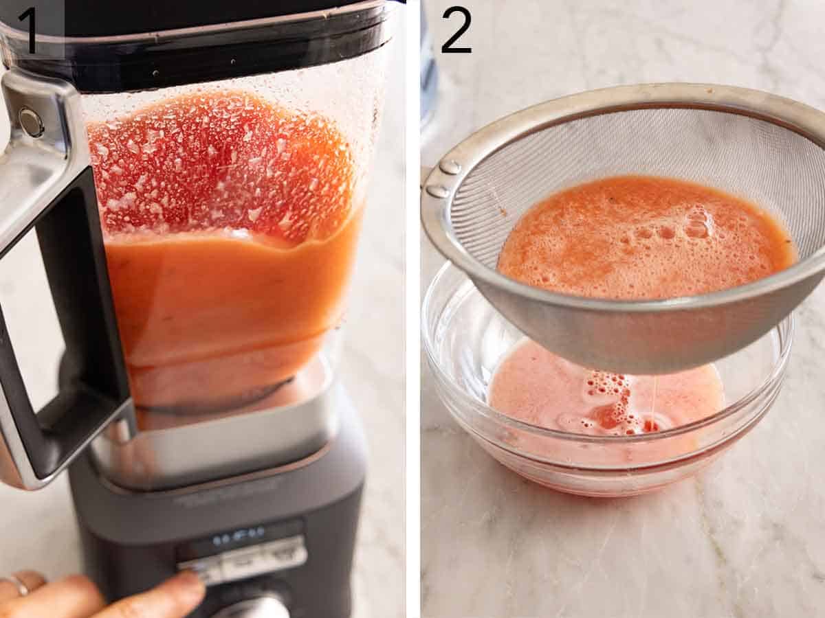 Set of two photos showing watermelon blended and strained.