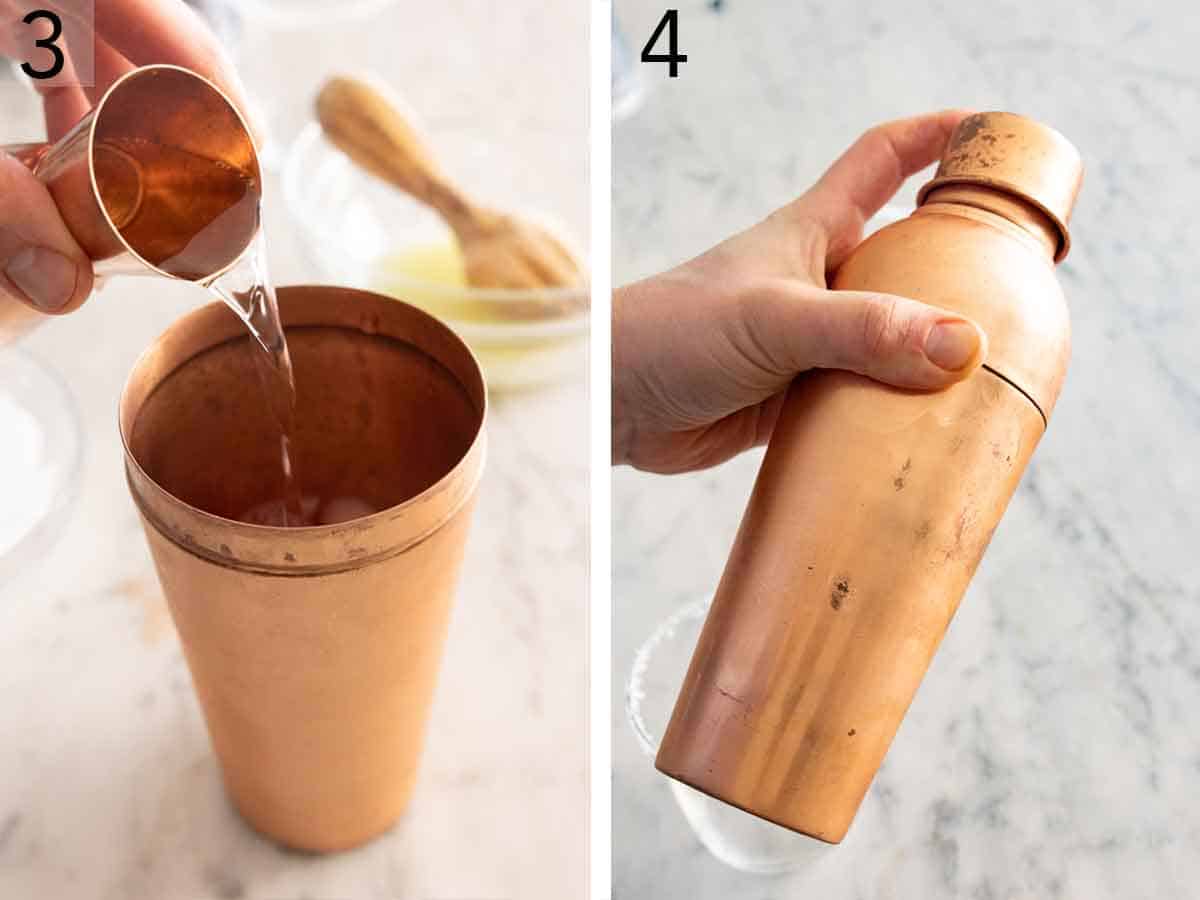 Set of two photos showing liquids added to a shaker and shook.