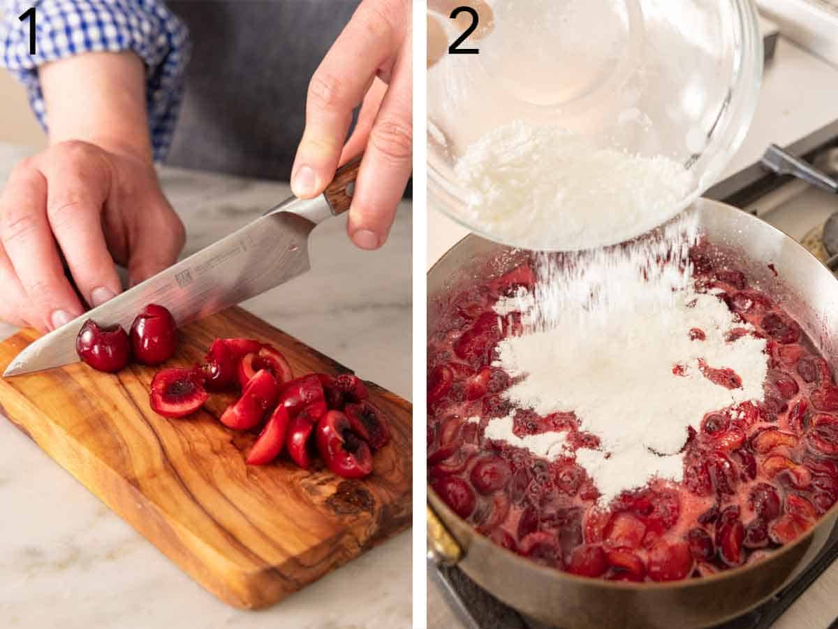 Set of two photos showing cherries sliced and sugar added to a pot of cherries.