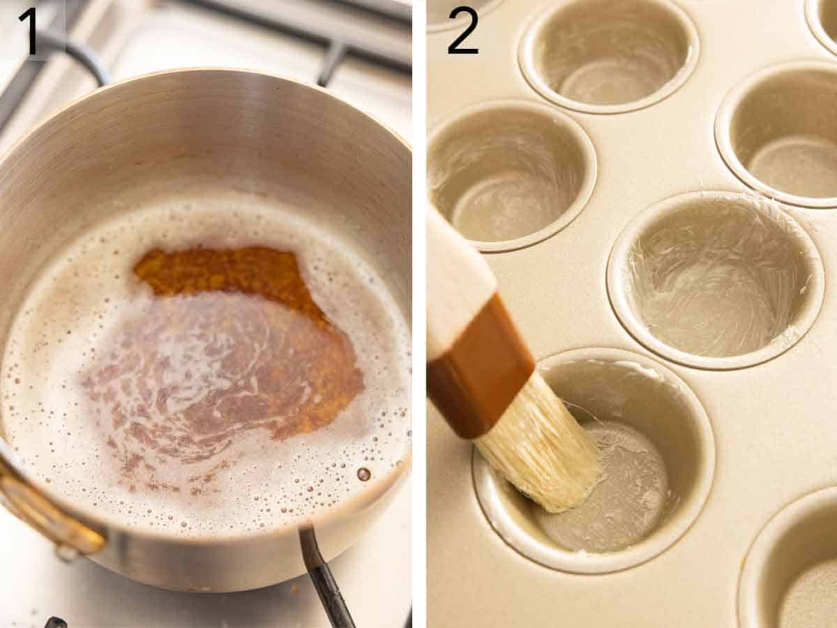 Set of two photos showing butter melted and muffin tin greased.