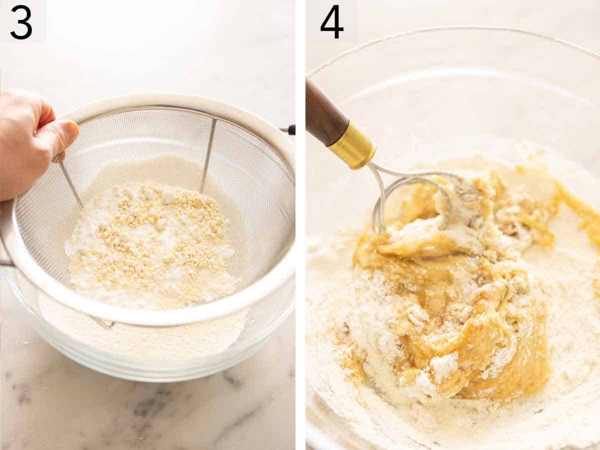 Set of two photos showing the dry ingredients sifted and whisked with the wet ingredients to make financier batter.