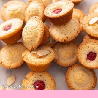 Pinterest graphic of a pile of financiers with different toppings on top.