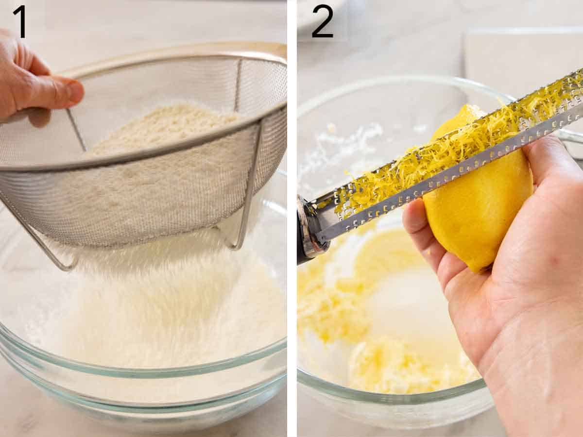 Set of two photos showing dry ingredients sifted and a lemon zested.