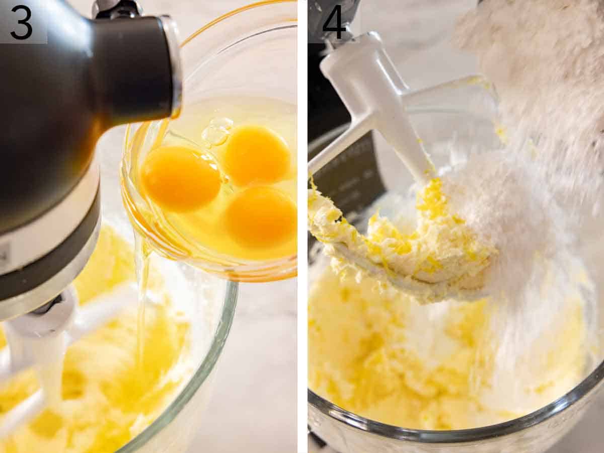 Set of two photos showing eggs and dry ingredients added to a mixer.