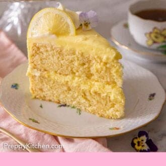 Pinterest graphic of a slice of lemon cake garnished with a lemon slice and edible flower.