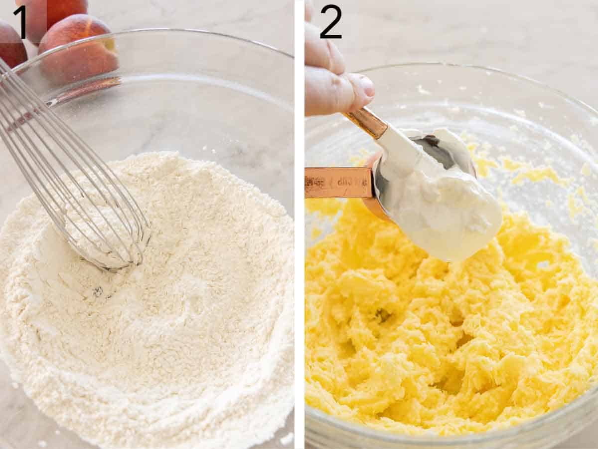 Set of two photos showing dry ingredients whisked and sour cream added to creamed butter.