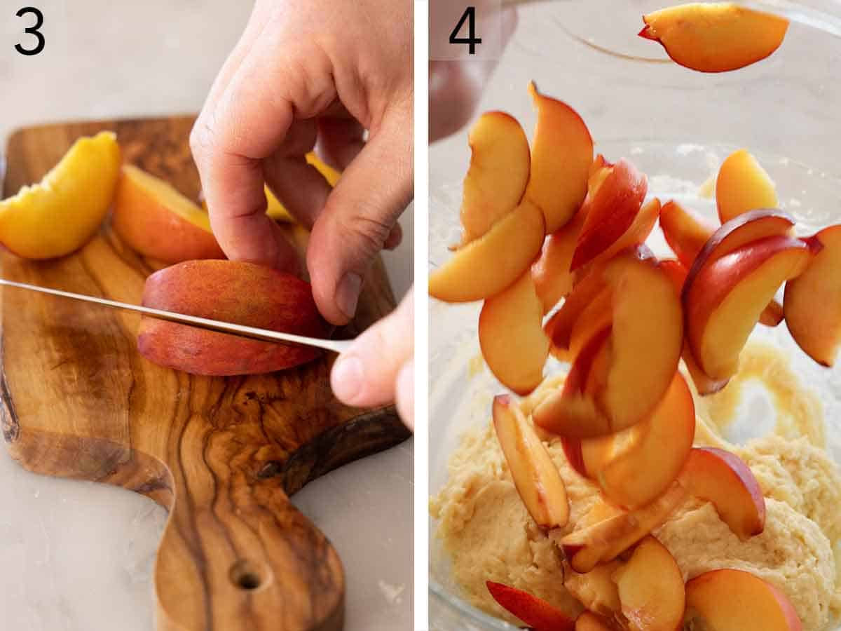 Set of two photos showing peaches cut and added to a batter.