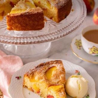 Pinterest graphic of a plate with a slice of peach cake with a scoop of vanilla ice cream beside it, in front of a cake stand with the rest of the cake.