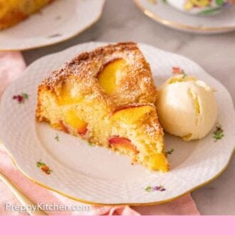 Pinterest graphic of a slice of peach cake on a cake with vanilla ice cream beside it.