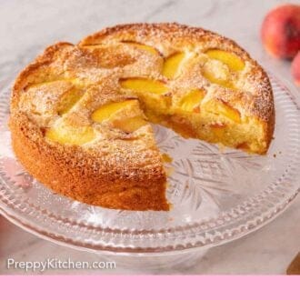 Pinterest graphic of a cake stand with a peach cake with a slice cut out.