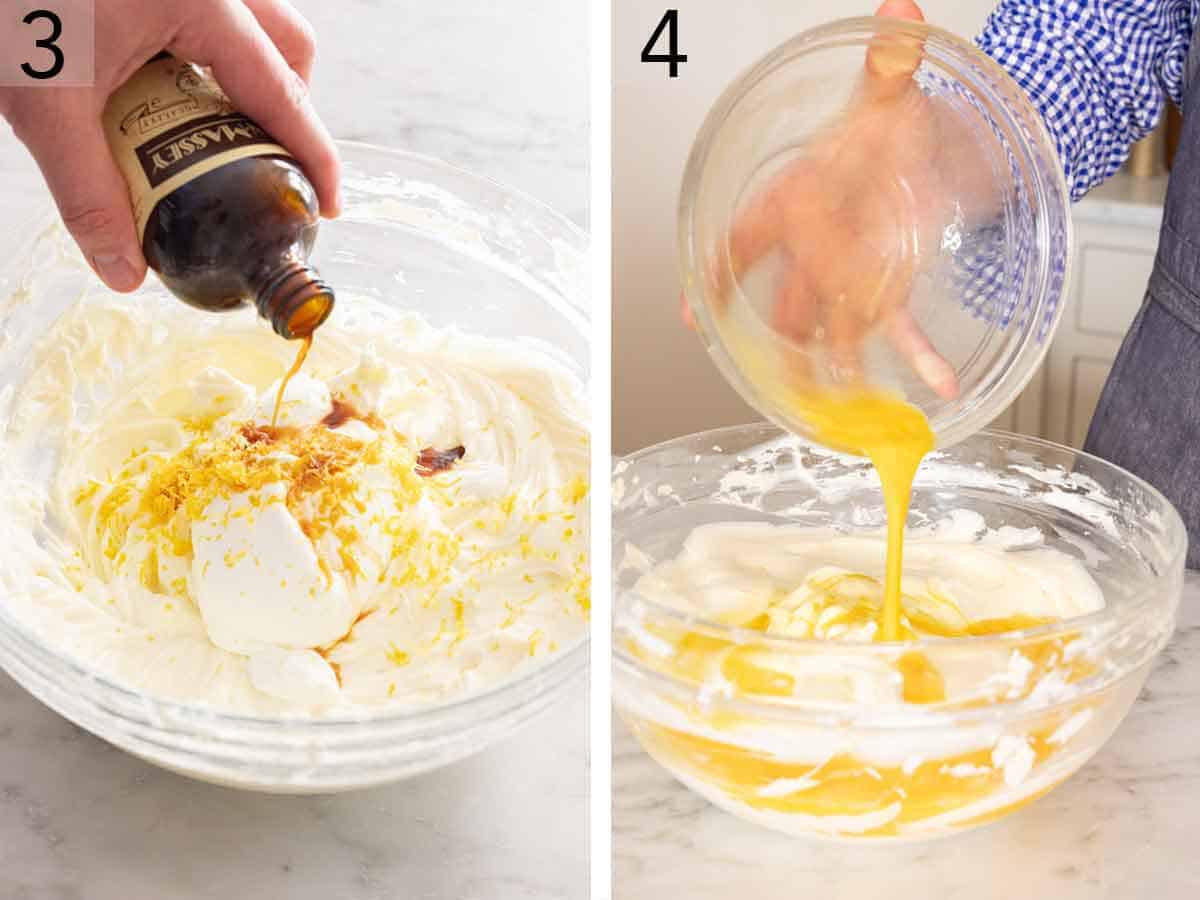 Set of two photos showing vanilla and eggs added to the whipped mixture in a bowl.