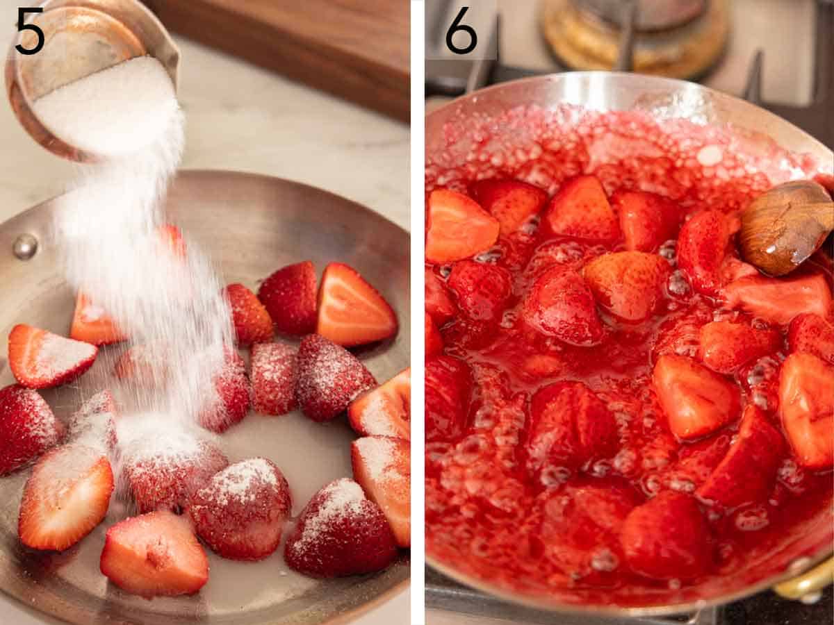 Set of two photos showing sugar added to strawberries and cooked in a pan.