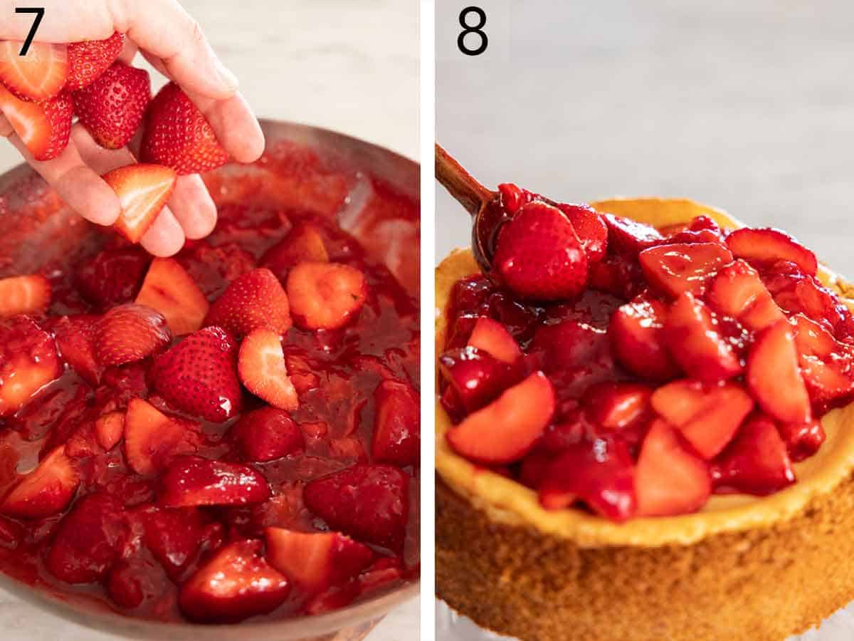 Set of two photos showing strawberries added to a skillet then spooned over a cheesecake.