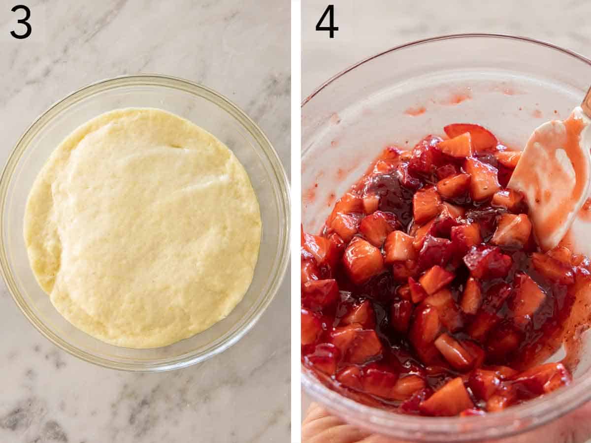 Set of two photos showing risen dough and strawberries mixed with jam.