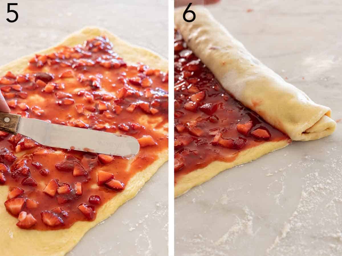 Set of two photos showing strawberries and jam spread onto the dough then the dough rolled.