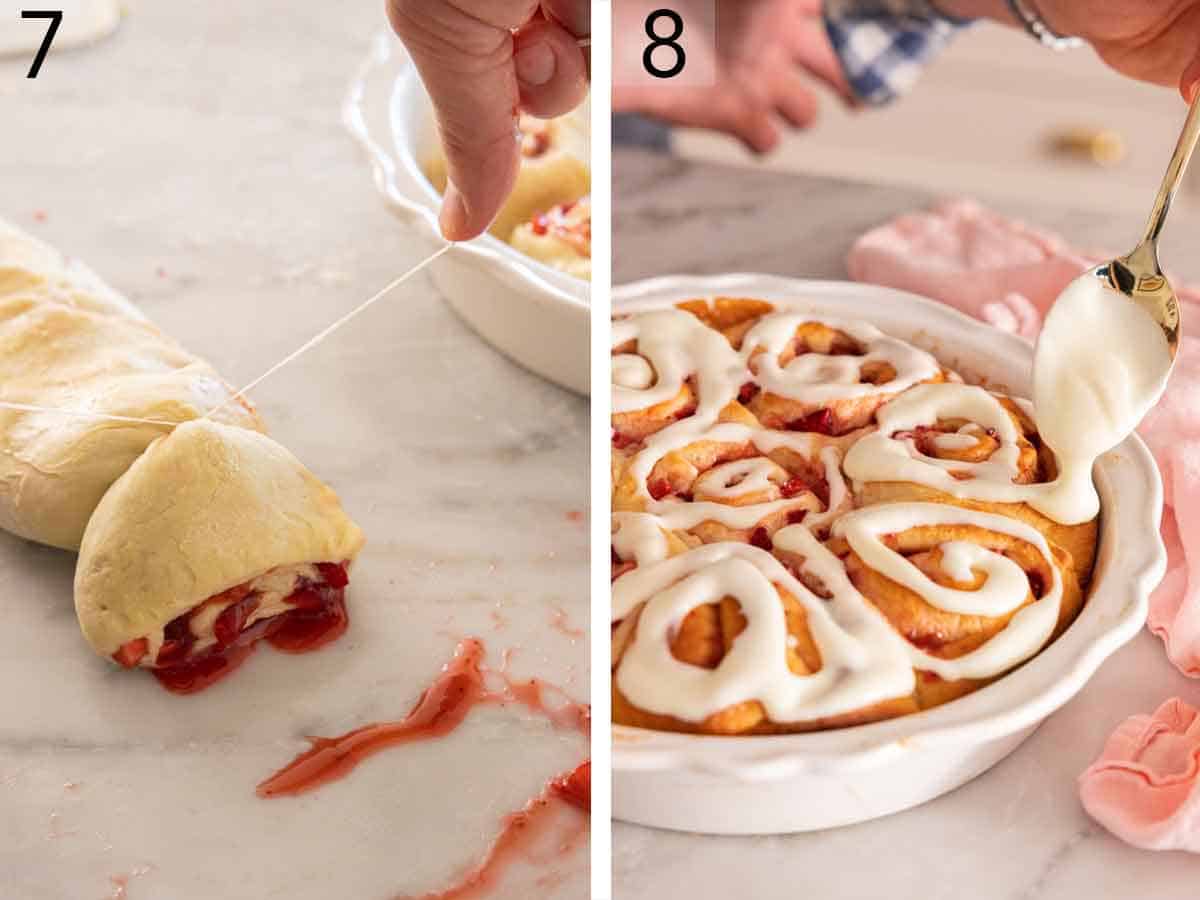 Set of two photos showing dough cut and then icing spooned over baked strawberry rolls.