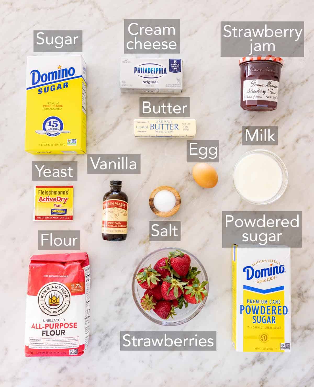 Ingredients needed to make strawberry rolls.