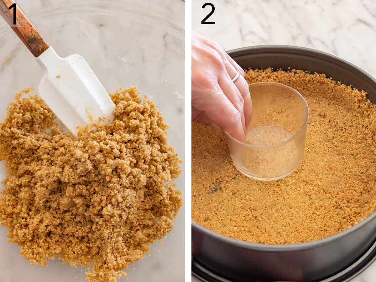 Set of two photos showing graham cracker crust mixed and pressed into a pan.