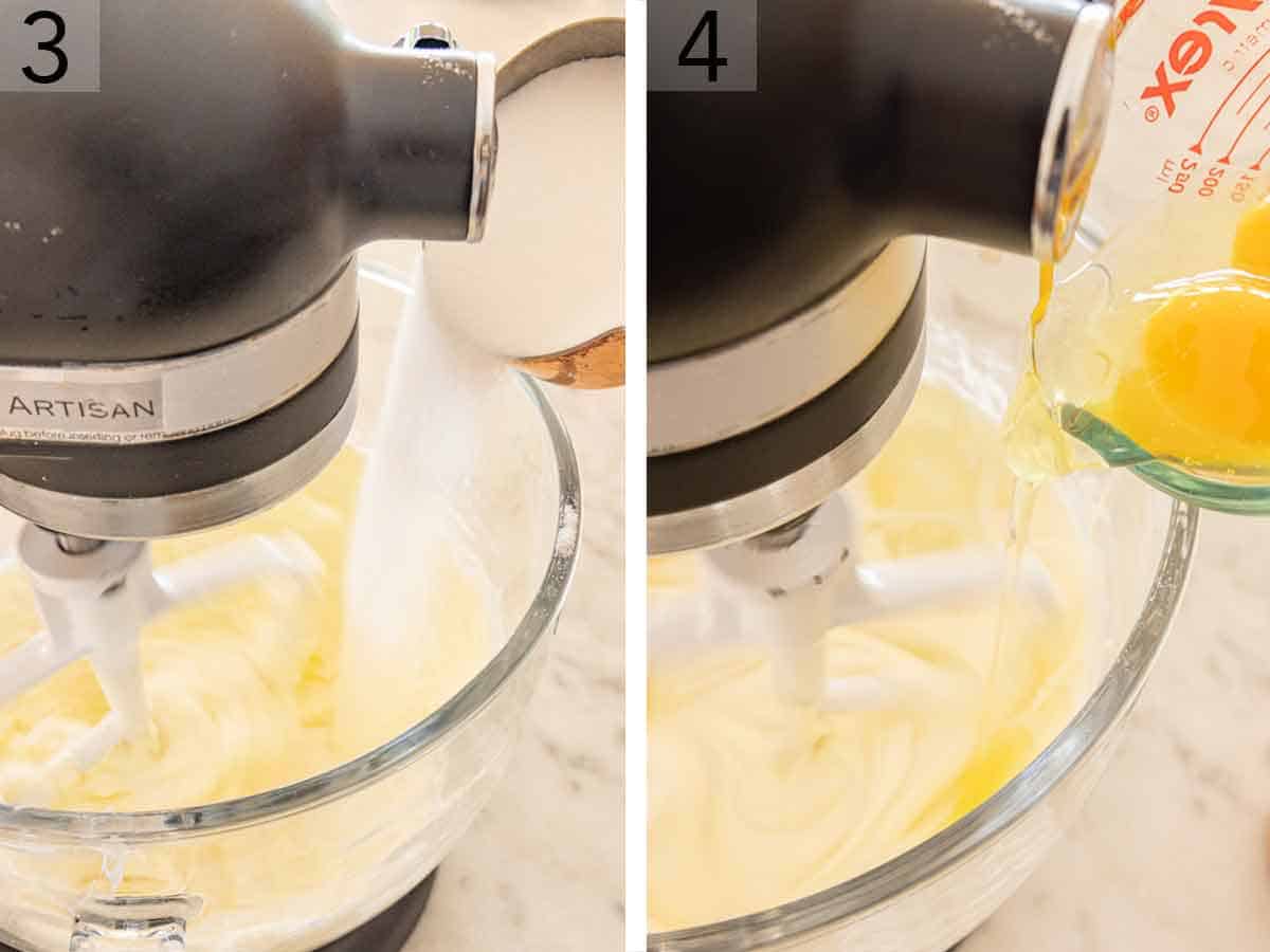 A set of two photos showing sugar and eggs added to a mixer.