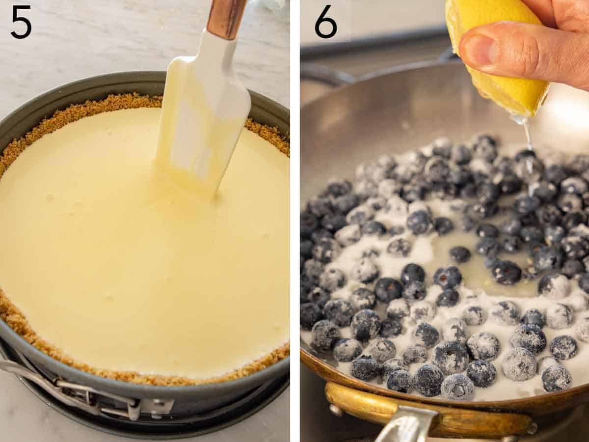 A set of two photos showing the filling added to the crust in the pan and lemon squeezed into a skillet with blueberries and sugar.