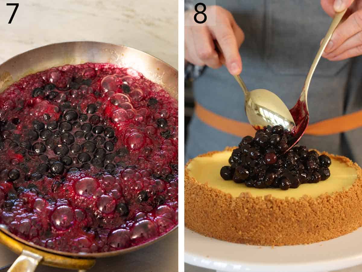 A set of two photos showing blueberry sauce simmering and spooned over a cheesecake.