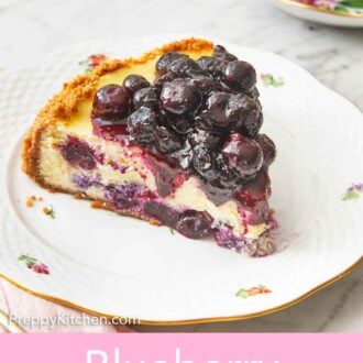 Pinterest graphic of a slice of blueberry cheesecake with blueberry sauce spooned on top.