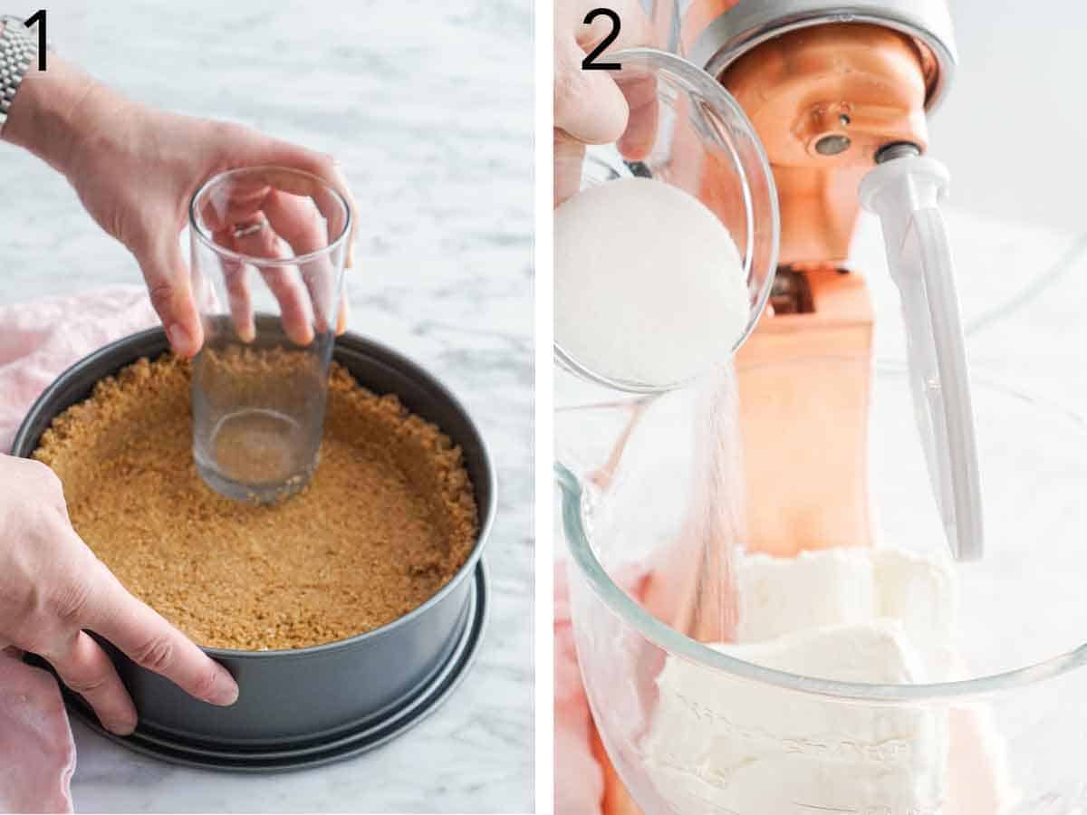 Set of two photos showing the graham cracker crust pressed into a pan and sugar added to a mixer with cream cheese.
