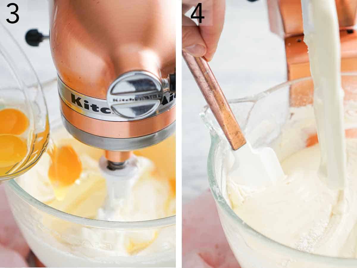 Set of two photos showing eggs added to the mixer and the bowl scraped down.
