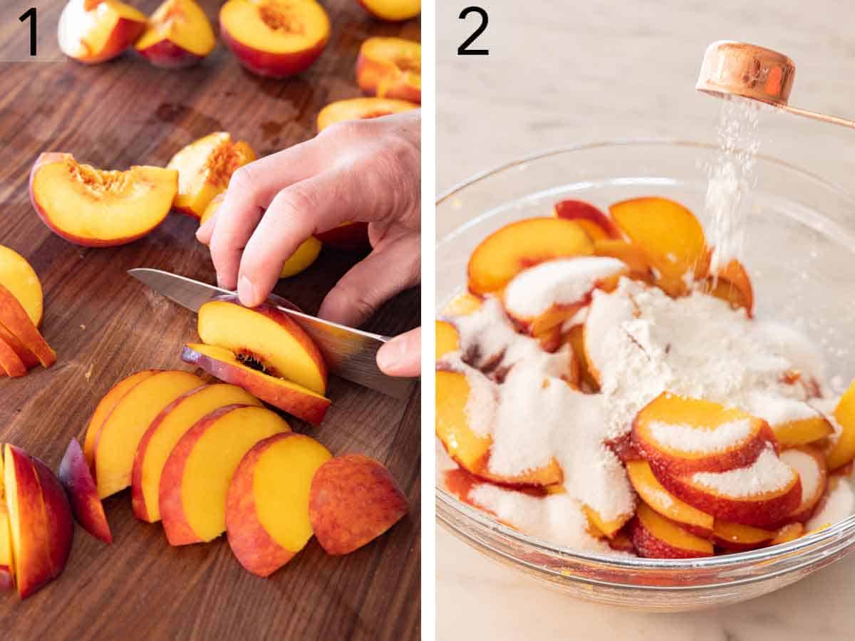 Set of two photos showing peaches sliced and sugar added to sliced peaches in a bowl.