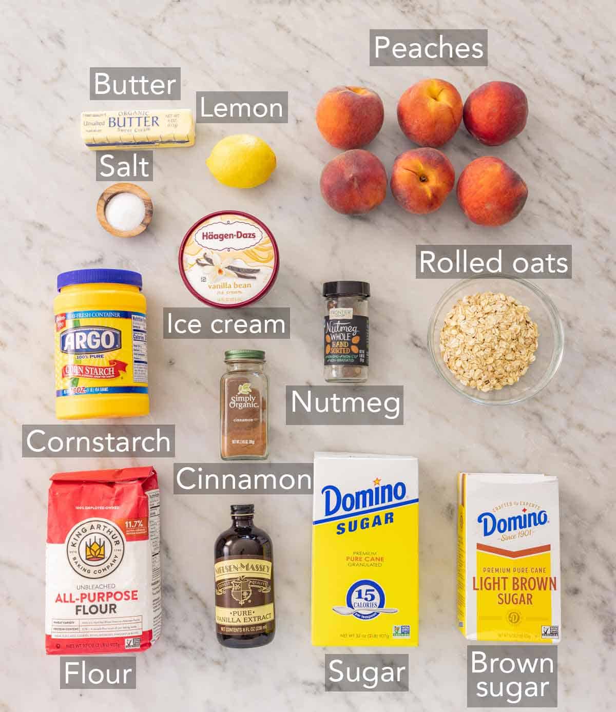 Ingredients needed to make a peach crisp.